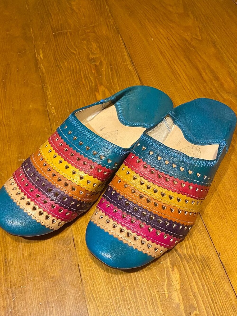 Women's Rainbow Moroccan Leather Babouche House Slippers Mules Sz 7 Boho